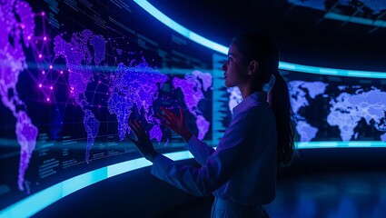 woman touching digital screen global map