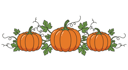 Three pumpkins with leaves and vines on a white background.
