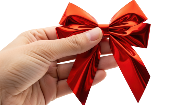 Hand holding a shiny red metallic gift bow, isolated on transparent background