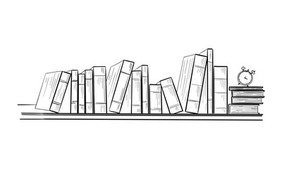 Books on the bookshelf. Hand drawn Education sketch Vector  illustration