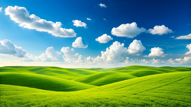 Green rolling hills under blue sky with white clouds in natural scenic landscape
