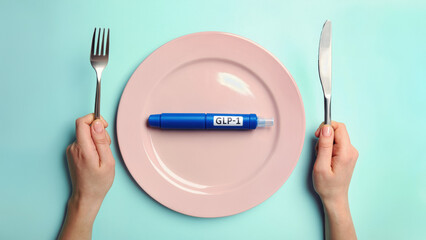 GLP-1 injection pen on plate, weight loss therapy concept, hormonal treatment and appetite control, obesity medication, modern healthcare symbolism