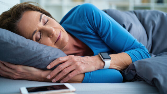 Sleep tracking smartwatch, senior woman using wearable device, biohacking for better sleep, digital health monitor, wellness technology, smart sleep routine, aging and recovery, restful night - Powered by Adobe