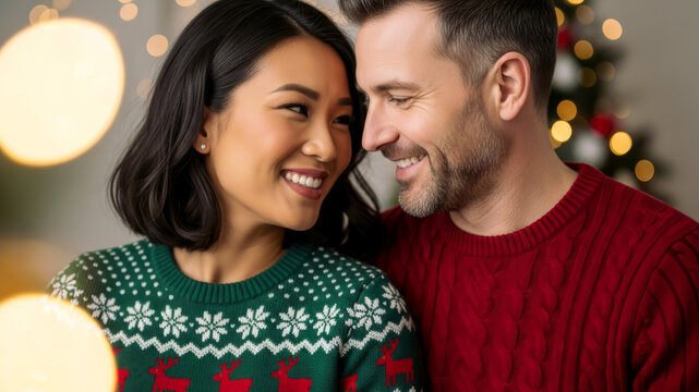 loving interracial couple smiling at each other during Christmas