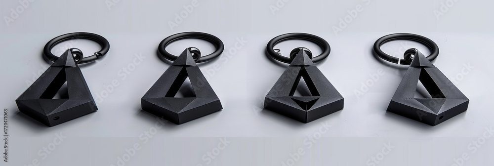 Poster striking keychains with geometric depth and dimension.