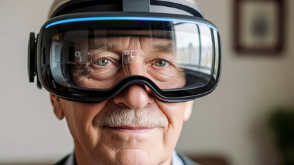 senior Caucasian man using a virtual reality headset
