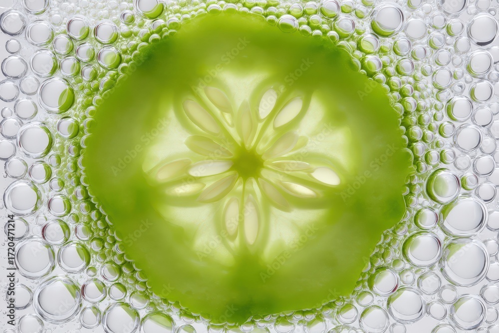 Poster refreshing high-resolution close-up of a cucumber slice submerged in sparkling water displaying intr