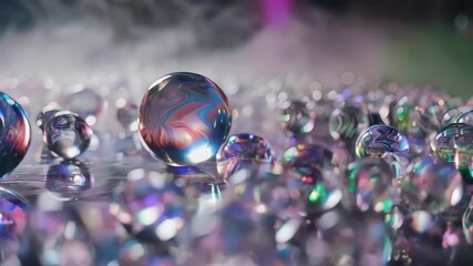 Multicolored glass spheres on a surface, abstract reflections - Powered by Adobe
