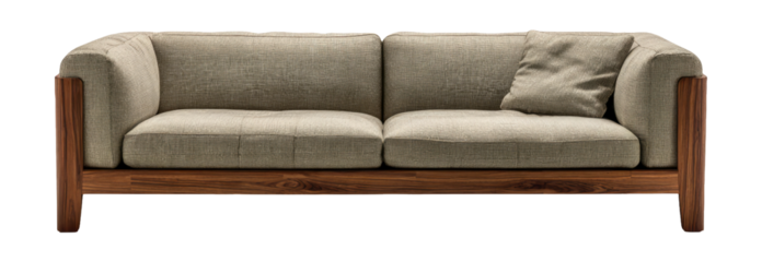 Modern Minimalist Sofa with Neutral Fabric and Wooden Frame on Transparent Background