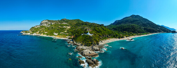Aerial view of the sea and mountains in Samos, Greece