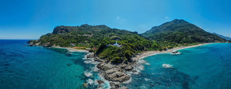 Aerial view of the sea and mountains in Samos, Greece