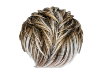 A close-up view of styled, short hair with blonde and white highlights, showcasing a textured and voluminous look against a pure black backdrop.