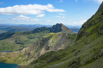 Wide landscape view of Y Lliwed and neighbouring mountains, Snowdonia, North Wales
