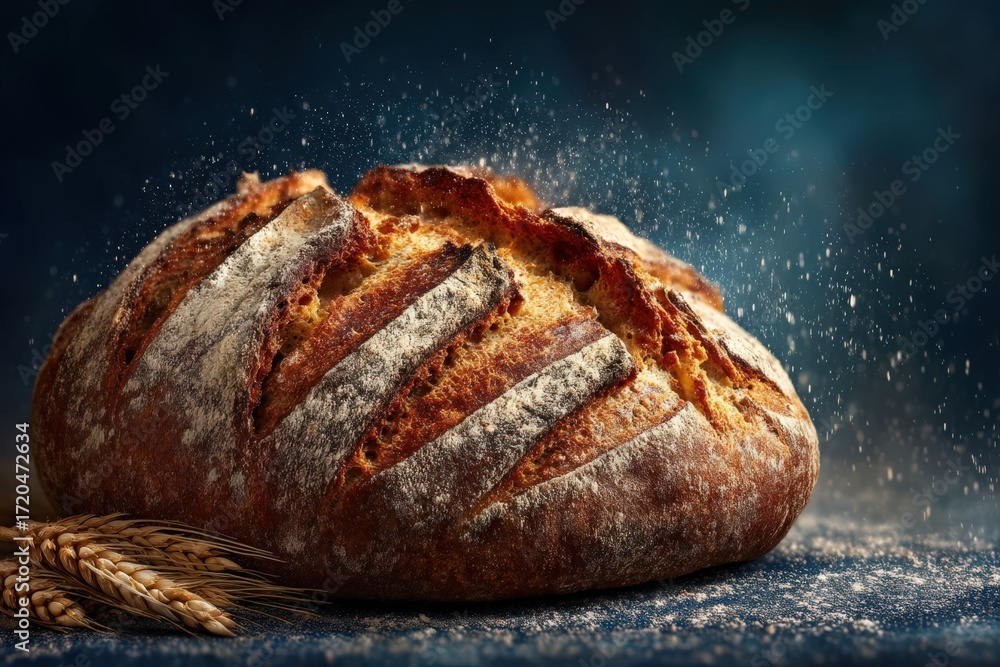 Poster artisan baked bread showcasing crusty texture and golden hue with scattered flour capturing the esse