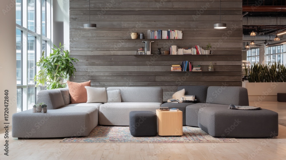 Poster medium shot of a spacesaving modular sofa with sleek lines main seating area sharply focused backgro