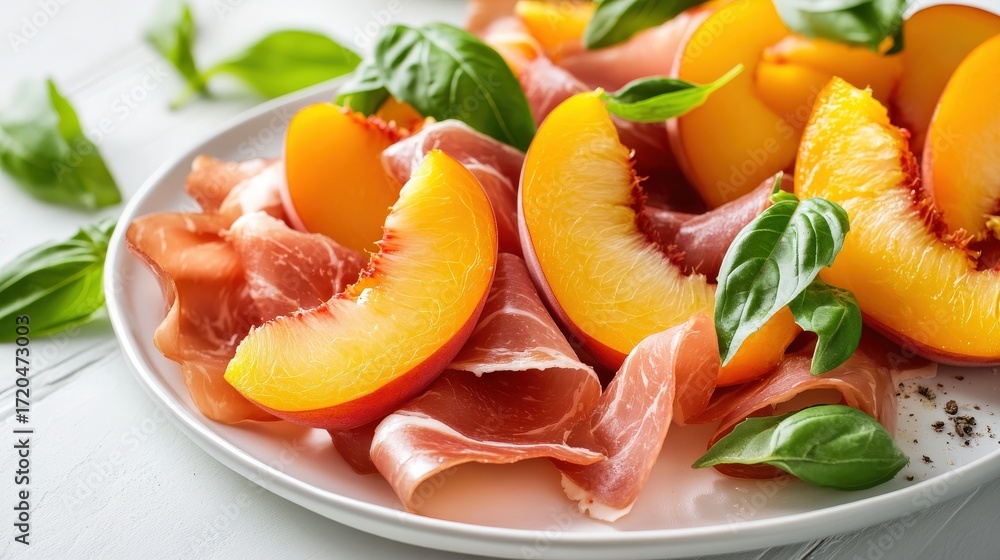 Poster slices of prosciutto with peach and basil.