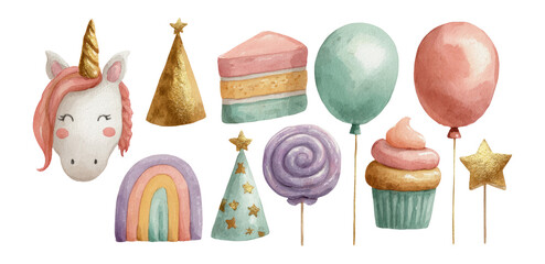 Colorful Unicorn and Party Elements for Fun Celebrations and Events