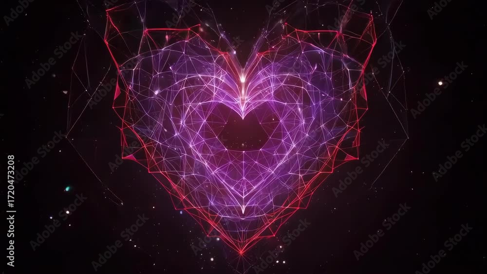 Poster abstract heart of glowing lines and dots in space
