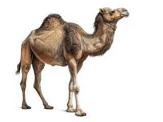 A single dromedary camel standing in profile against a black background with a slight shadow underneath created with generated ai