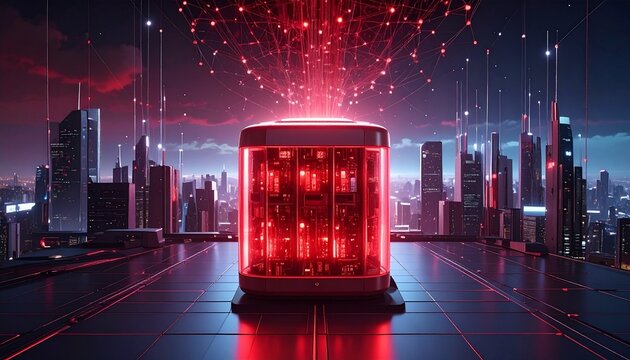 Data core streams information in cyberpunk cityscape