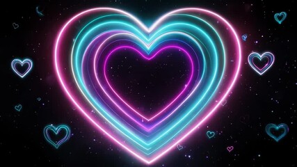 Neon heart design with scattered hearts on black background - Powered by Adobe