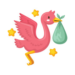 A cartoon pink flamingo with wings carries a green bundle