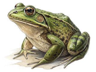 A green frog sitting on a light colored surface with a black background in a detailed illustration created with generated ai