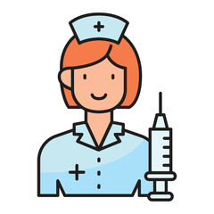 A cartoon nurse with orange hair and a blue uniform holding a syringe
