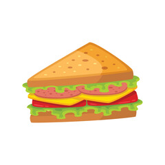 A cartoon of a triangular sandwich with layers of lettuce ham cheese and tomato