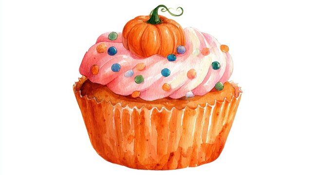 A pumpkin cupcake clipart, halloween dessert element, watercolor illustration, pastel, isolated on white background. 