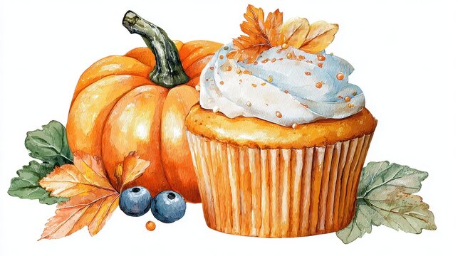 A pumpkin cupcake clipart, halloween dessert element, watercolor illustration, pastel, isolated on white background. 