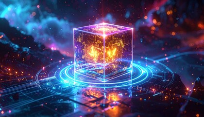 Glowing data cube amidst digital landscape