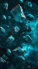 Celestial Dance of the Cosmic Rocks: A mesmerizing depiction of celestial rocks floating in the inky blackness of outer space, illuminated by vibrant, ethereal turquoise hues.