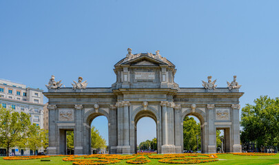 The Puerta de Alcal&aacute;  landmark neoclassical triumphal arch in Madrid, Spain