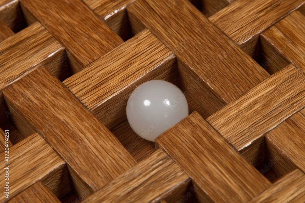 Poster Textured wooden lattice pattern with a glossy orb creating a striking contrast in a beautifully composed visual arrangement showcasing craftsmanship and design elegance