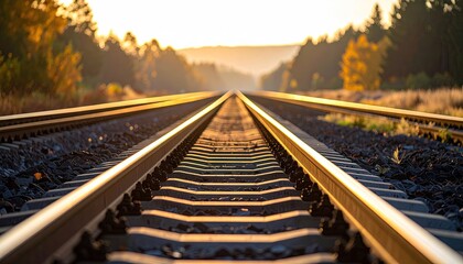 Obraz premium Train Tracks Receding into a Golden Autumn Sunset