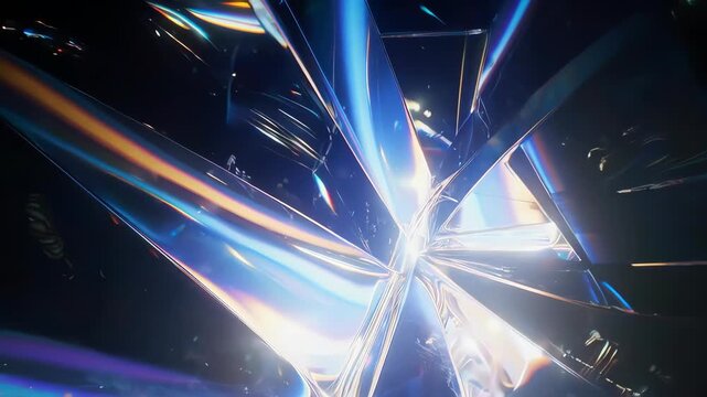 Abstract iridescent geometric shapes radiate from a central point in a dark background