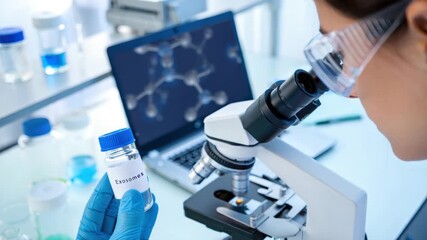 Exosome research in laboratory, scientist using microscope, molecular analysis, biotechnology innovation, regenerative medicine, scientific discovery, cellular therapy, nanotechnology investigation - Powered by Adobe