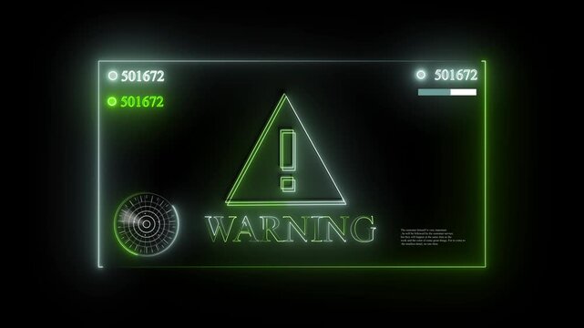 Neon warning sign alert digital interface with futuristic H U D elements and data display danger caution