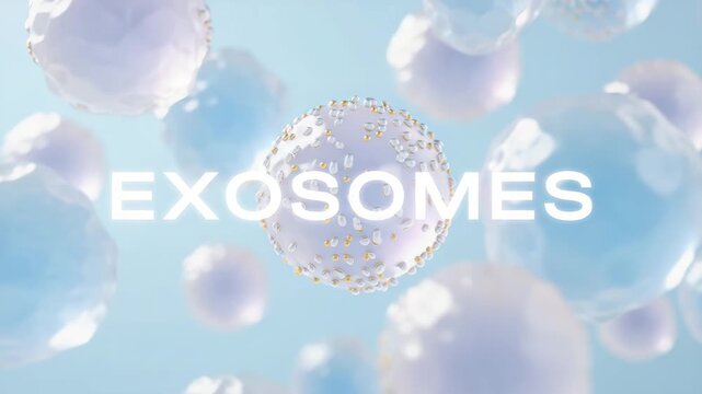 Exosomes visualization, cellular particles in blue background, regenerative medicine concept, scientific 3D illustration, nanotechnology innovation, molecular biology, biotech therapy, future healthca