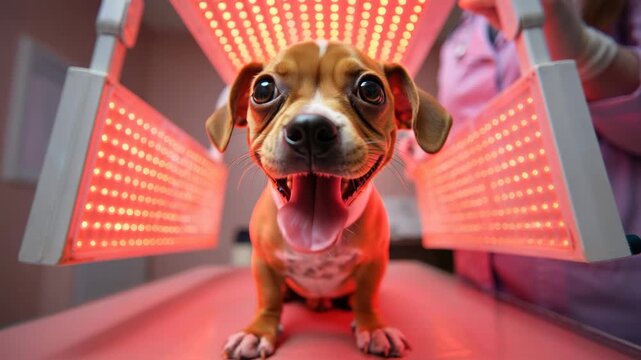 Red light therapy for dogs, veterinary LED treatment, pet wellness technology, happy puppy under infrared light, animal care innovation, therapeutic session, canine rehabilitation, modern vet clinic
