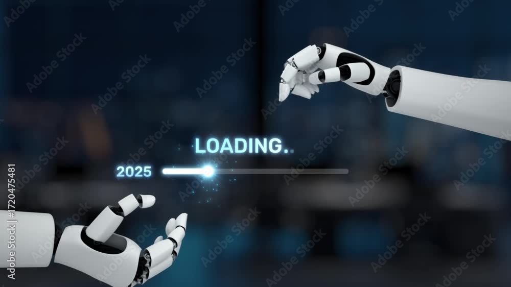 Aufkleber an engaging portrayal of a futuristic robot hand featuring a progress bar loading from 2025 to 2026,