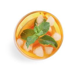 Glass of tasty cold ice tea with lemon on white background, closeup