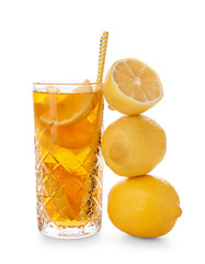 Glass of tasty cold ice tea and lemons on white background
