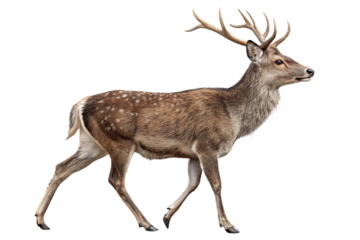 A side view of a sika deer with antlers walking against a plain black background in a studio shot created with generated ai