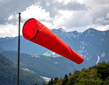 Red windsock against mountain backdrop