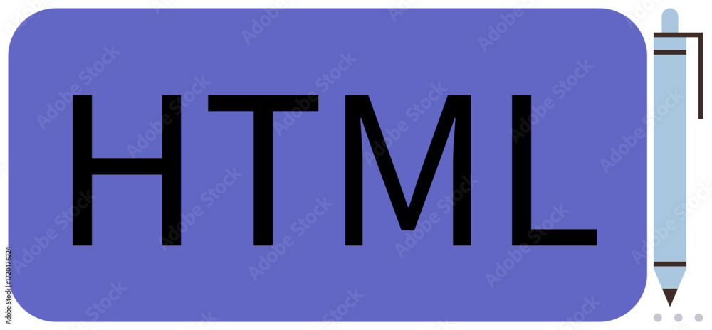 Aufkleber bold html text on a blue rectangle next to a pen. ideal for programming, coding, development, techno