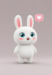 Obraz premium Cute Fluffy White Bunny Rabbit with Blue Eyes and Pink Heart Icon