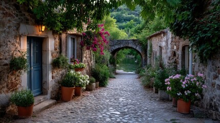 Fototapeta premium Ancient Stone Archway with Pink Flowers and Cobblestone Pathway in Europe
