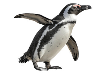 Obraz premium A magellanic penguin with wings outstretched standing against a black background in a studio shot created with generated ai